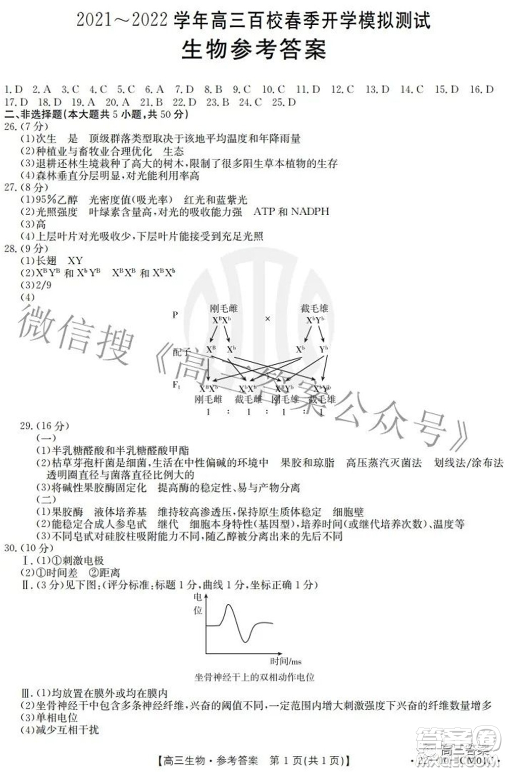 2021-2022學(xué)年高三百校春季開學(xué)模擬測試生物答案