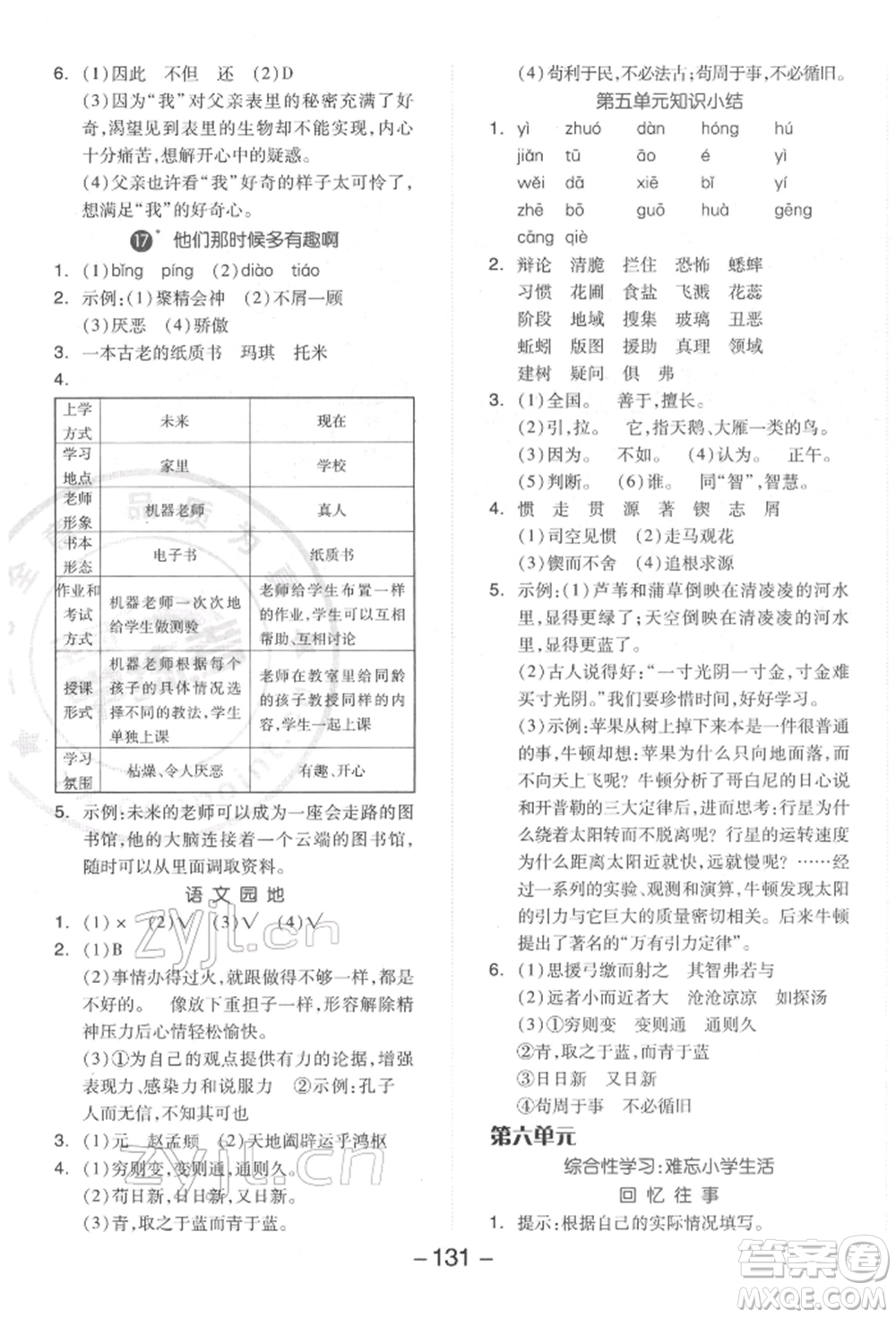 開明出版社2022全品學(xué)練考六年級語文下冊人教版參考答案