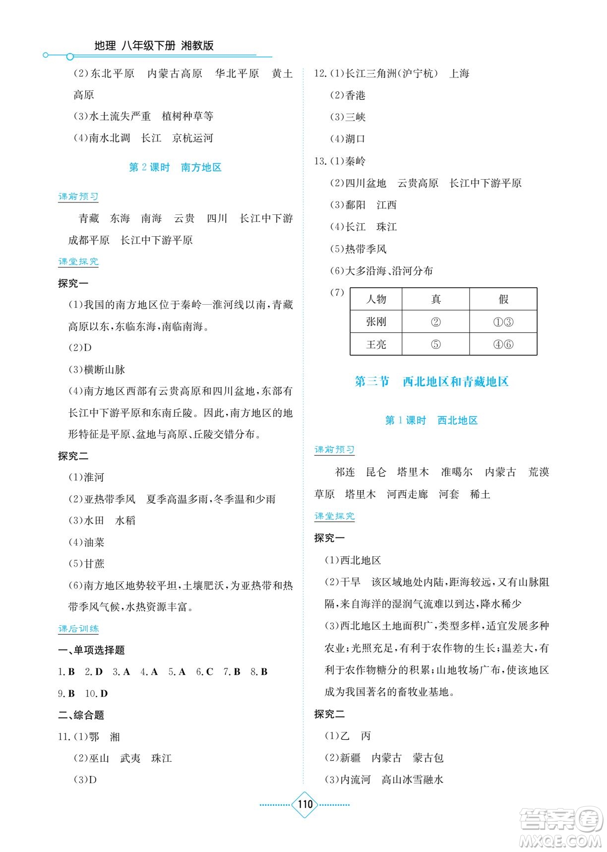 湖南教育出版社2022學法大視野八年級地理下冊湘教版答案