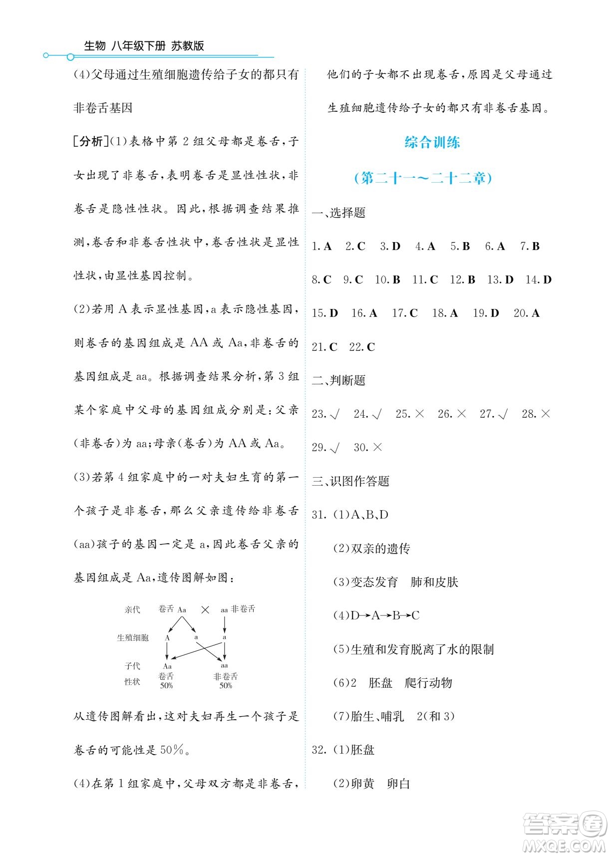 湖南教育出版社2022學法大視野八年級生物下冊蘇教版答案