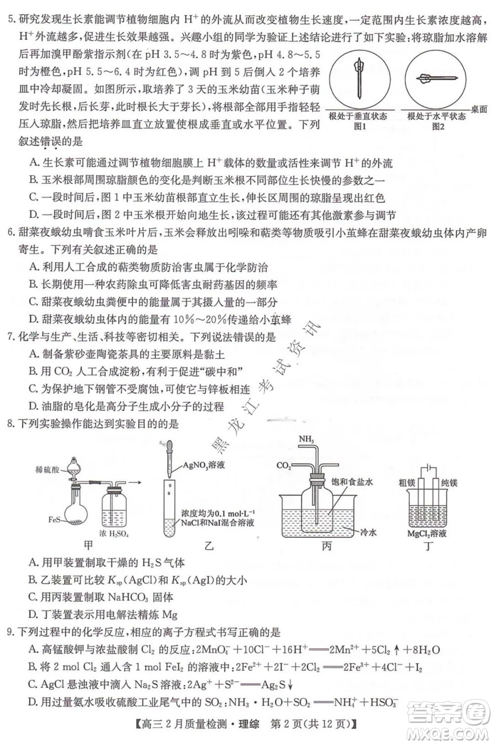 2022屆九師聯(lián)盟高三2月質(zhì)量檢測全國卷理科綜合試題及答案