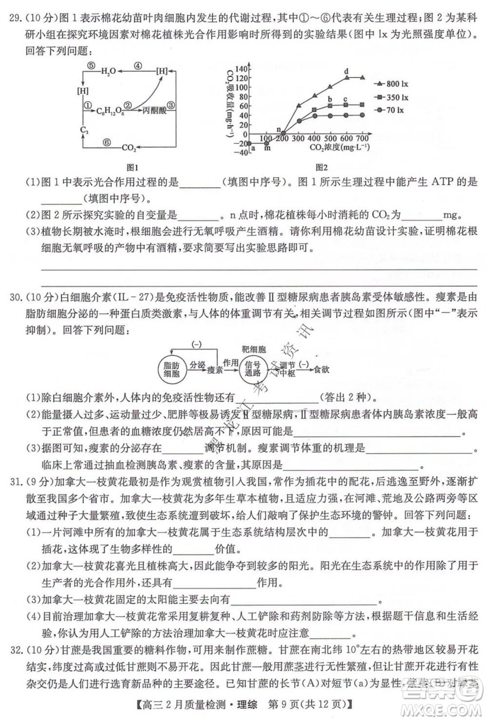 2022屆九師聯(lián)盟高三2月質(zhì)量檢測全國卷理科綜合試題及答案