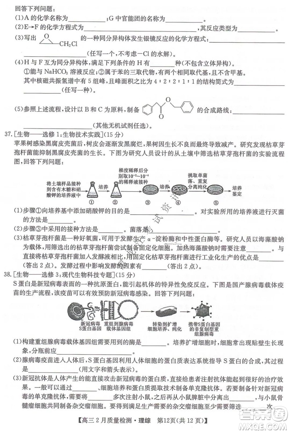 2022屆九師聯(lián)盟高三2月質(zhì)量檢測全國卷理科綜合試題及答案