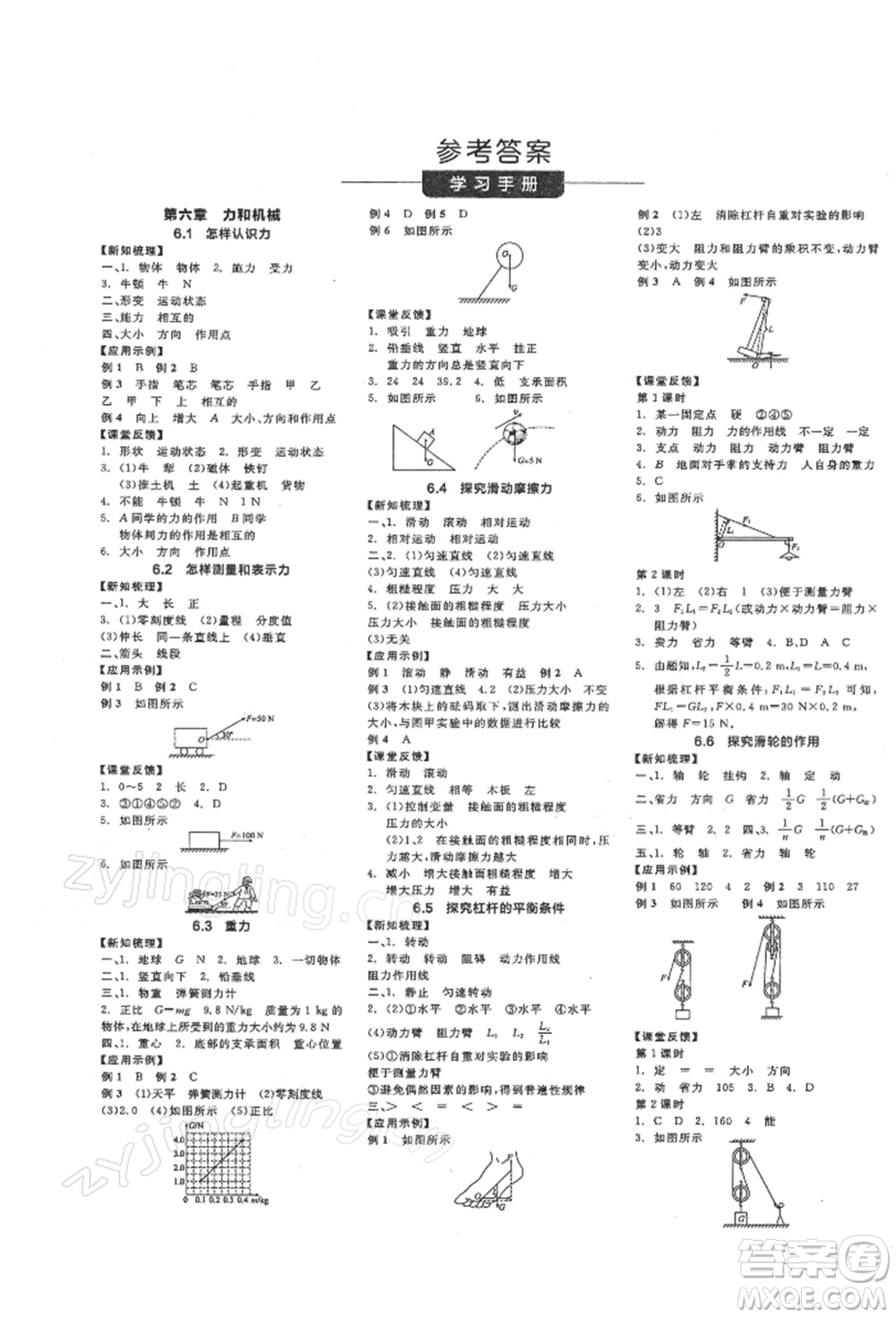 陽(yáng)光出版社2022全品學(xué)練考作業(yè)手冊(cè)八年級(jí)物理下冊(cè)滬粵版參考答案