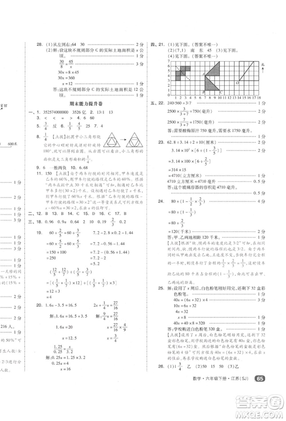 天津人民出版社2022全品小復習六年級數(shù)學下冊蘇教版江蘇專版參考答案