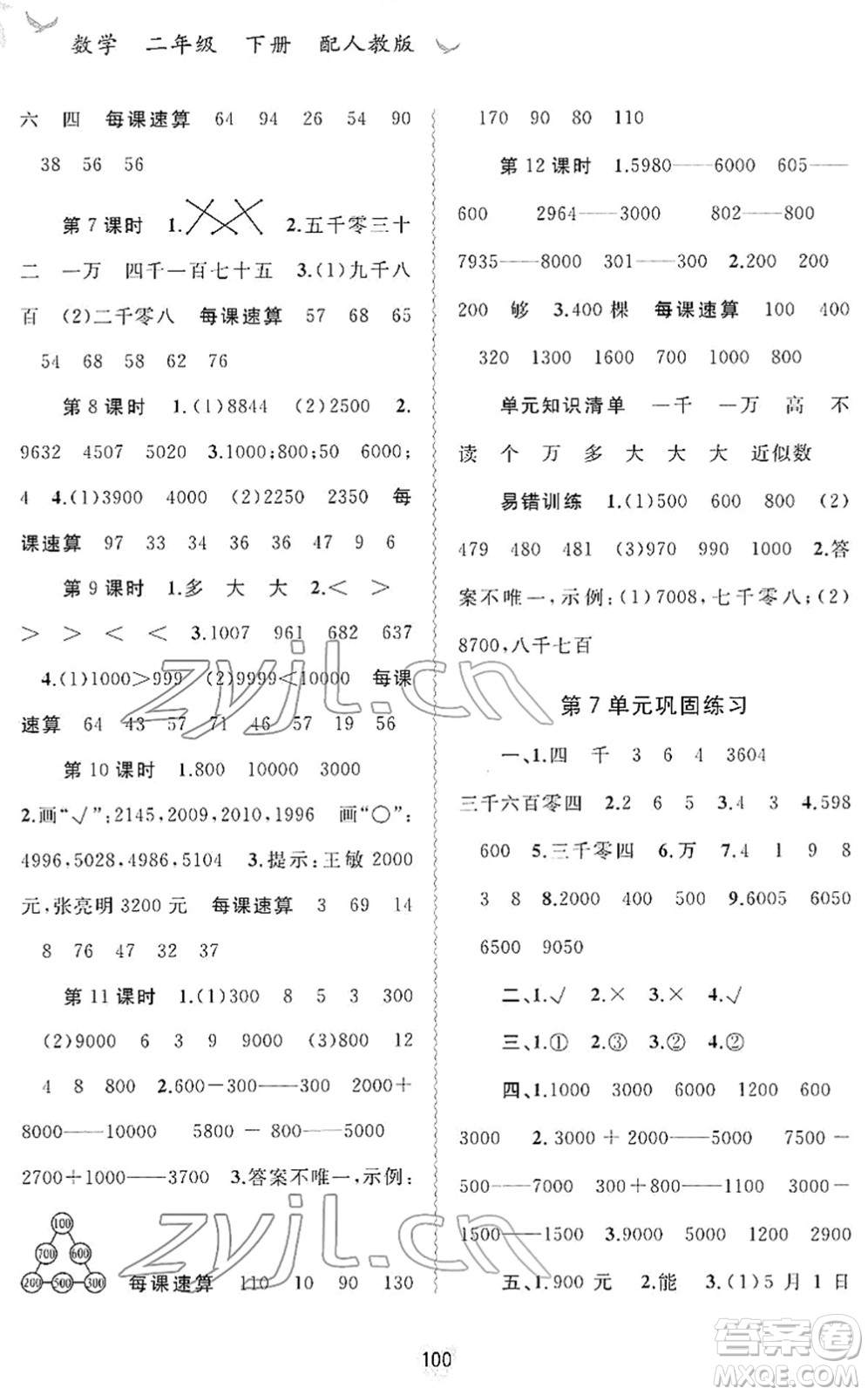 廣西教育出版社2022新課程學(xué)習(xí)與測(cè)評(píng)同步學(xué)習(xí)二年級(jí)數(shù)學(xué)下冊(cè)人教版答案