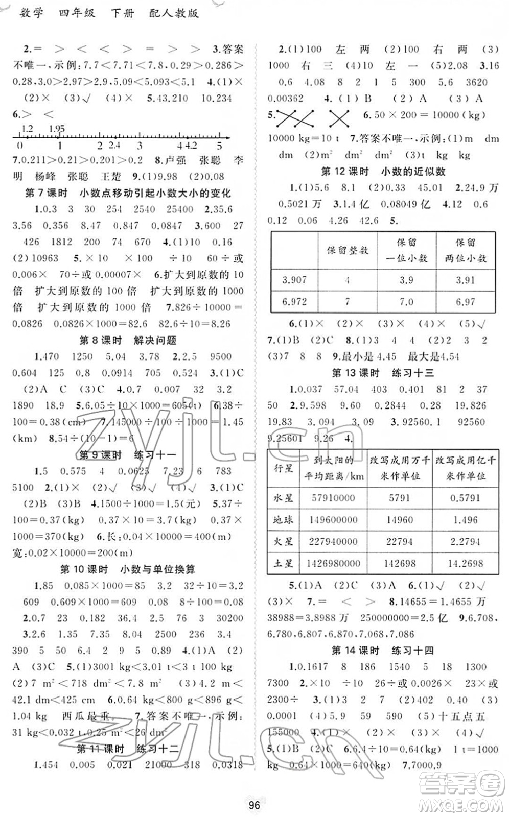 廣西教育出版社2022新課程學習與測評同步學習四年級數(shù)學下冊人教版答案