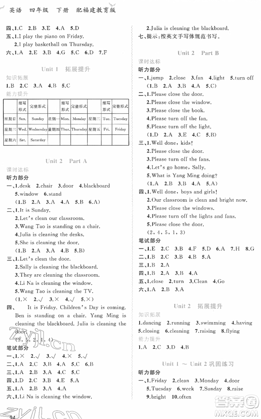 廣西教育出版社2022新課程學(xué)習(xí)與測評同步學(xué)習(xí)四年級英語下冊福建教育版答案