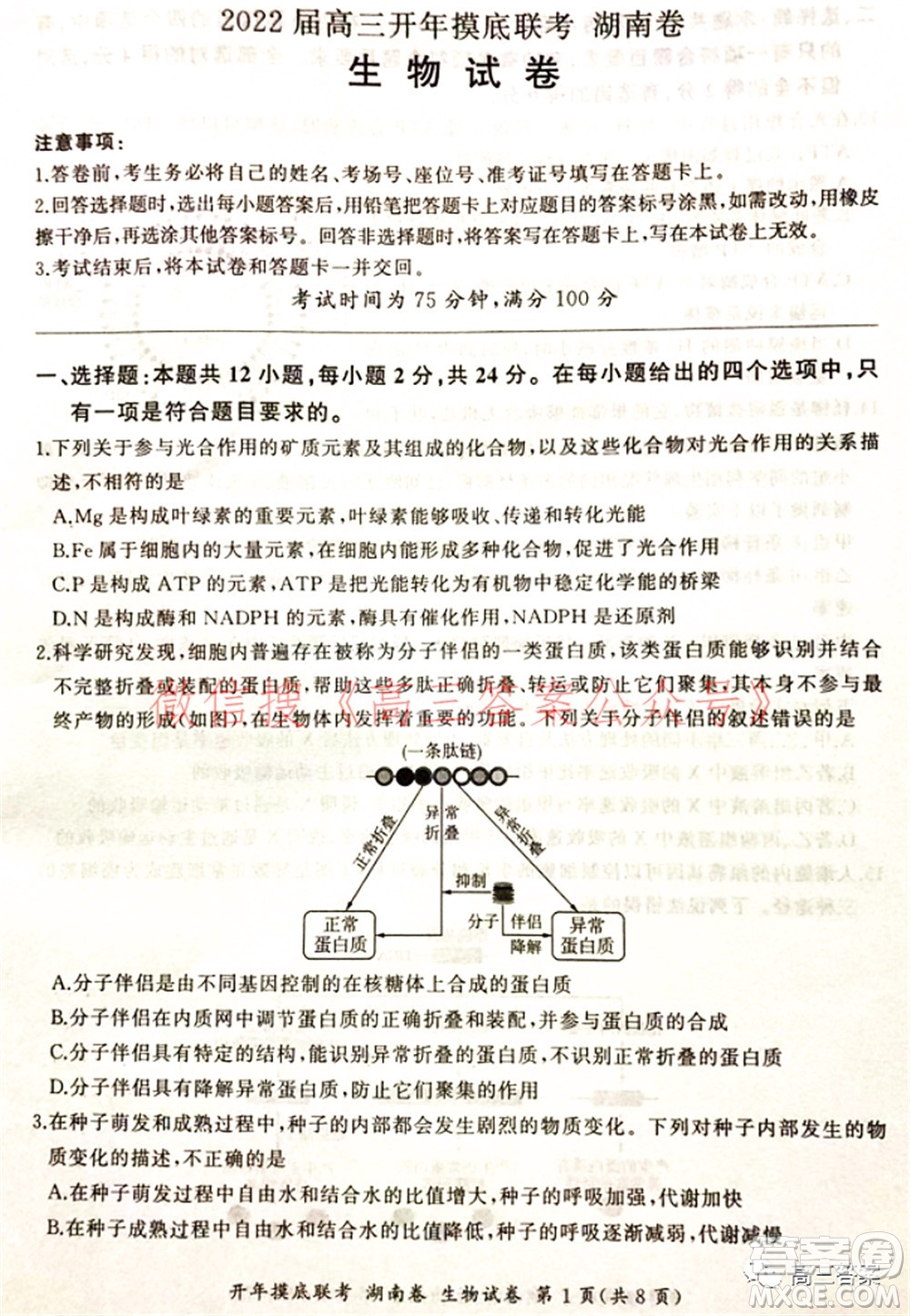 百師聯(lián)盟2022屆高三開年摸底聯(lián)考湖南卷生物試題及答案