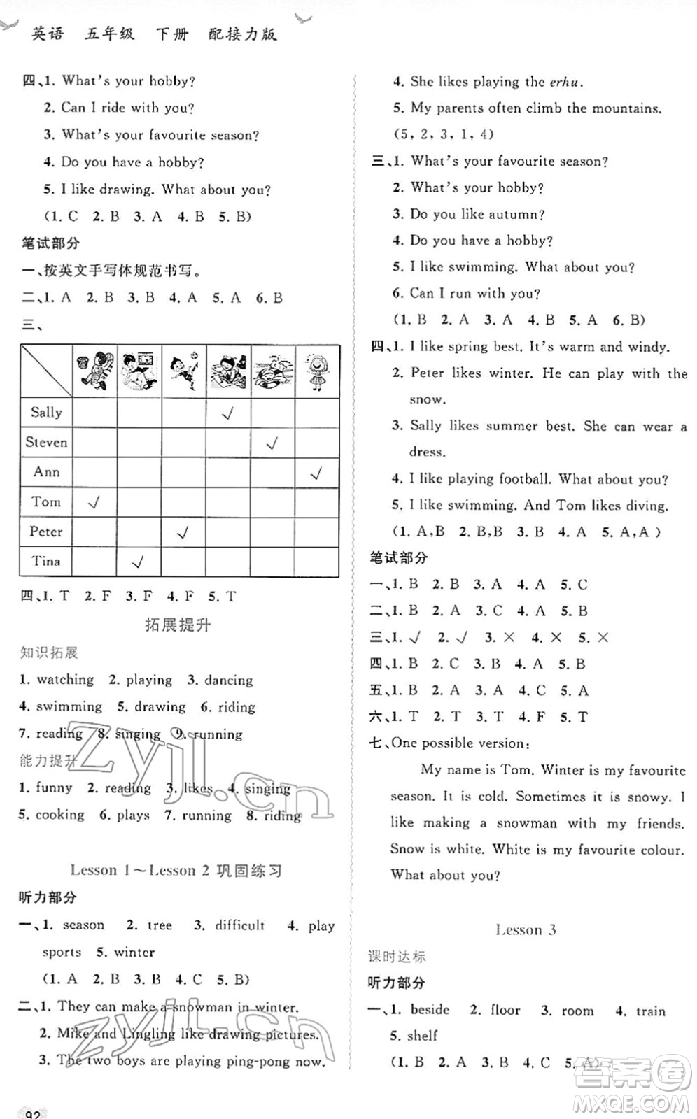 廣西教育出版社2022新課程學習與測評同步學習五年級英語下冊接力版答案