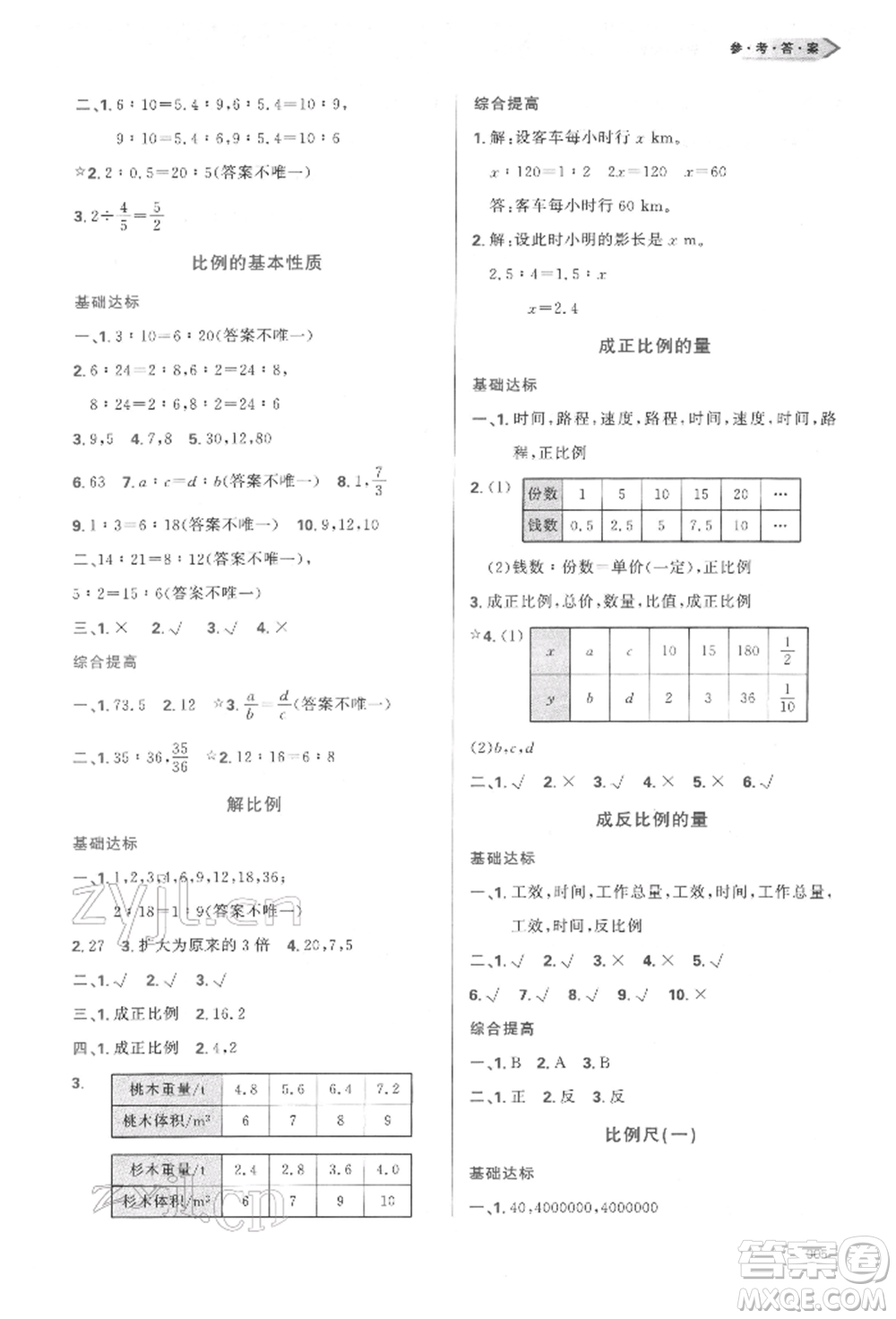 天津教育出版社2022學(xué)習(xí)質(zhì)量監(jiān)測六年級數(shù)學(xué)下冊人教版參考答案