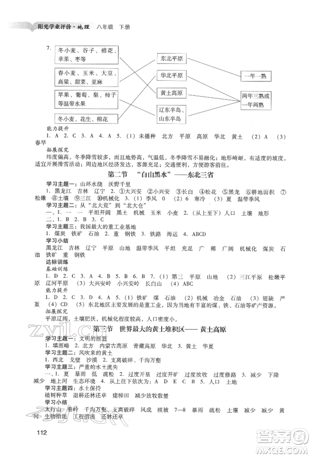 廣州出版社2022陽光學業(yè)評價八年級地理下冊人教版參考答案