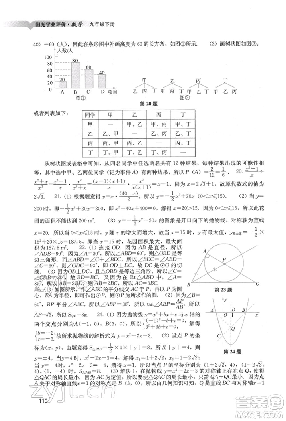 廣州出版社2022陽光學業(yè)評價九年級數(shù)學下冊人教版參考答案