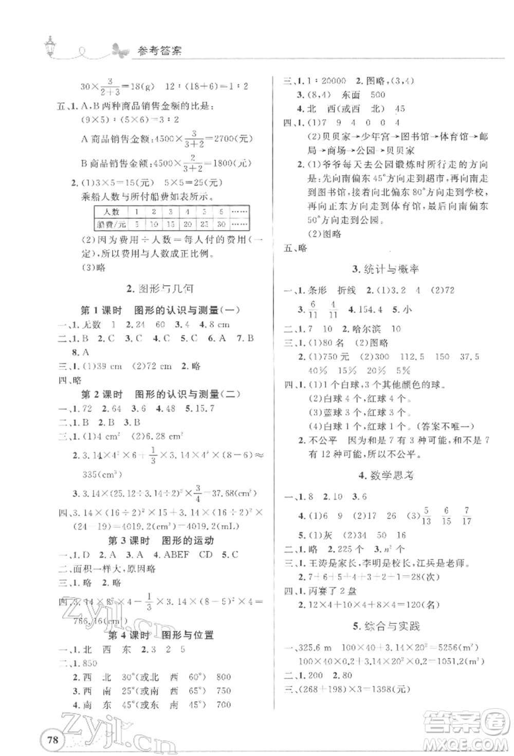 人民教育出版社2022小學同步測控優(yōu)化設計六年級數(shù)學下冊人教版福建版參考答案