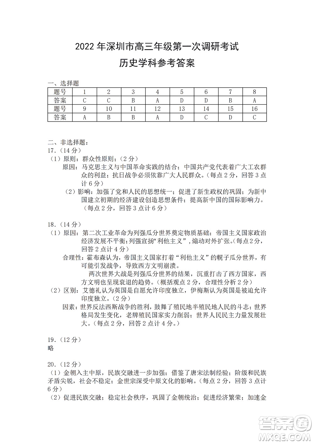 2022年深圳市高三年級第一次調研考試歷史試題及答案