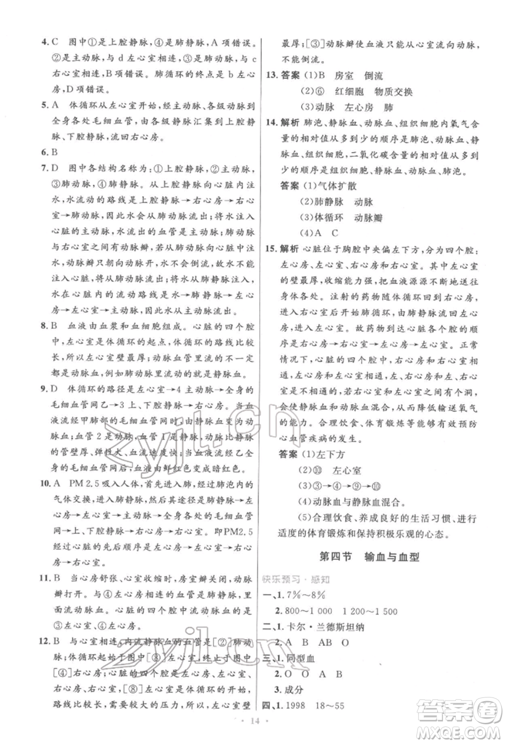 人民教育出版社2022初中同步測(cè)控優(yōu)化設(shè)計(jì)七年級(jí)生物下冊(cè)人教版精編版參考答案