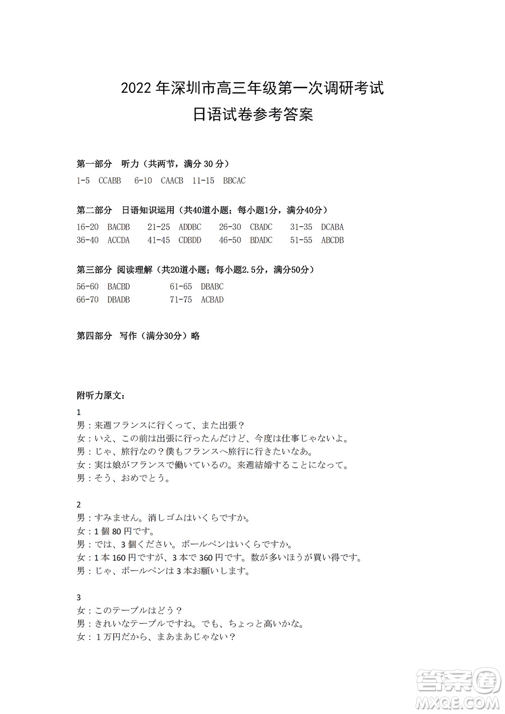 2022年深圳市高三年級(jí)第一次調(diào)研考試日語試題及答案