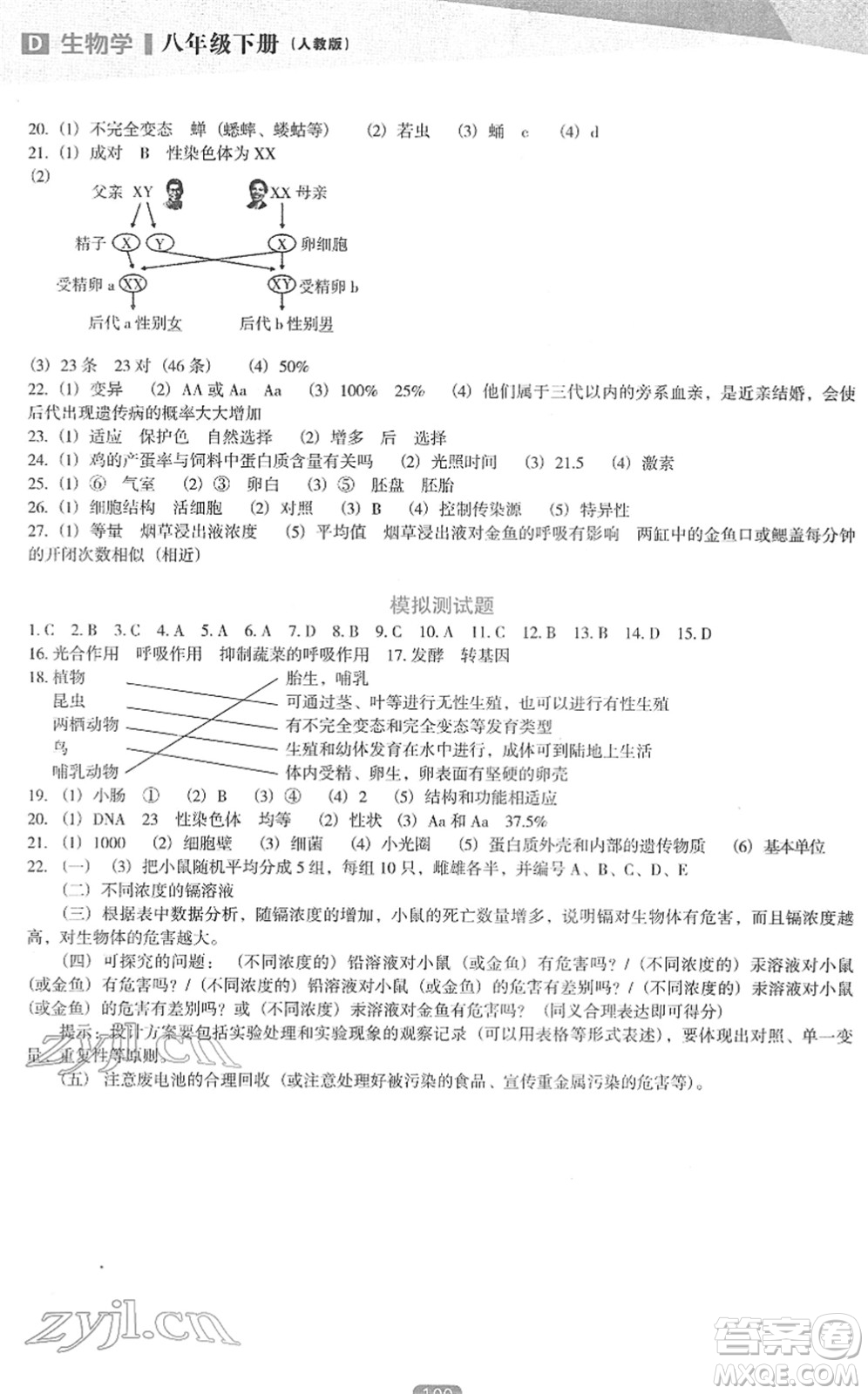 遼海出版社2022新課程生物能力培養(yǎng)八年級(jí)下冊(cè)人教版D版大連專用答案