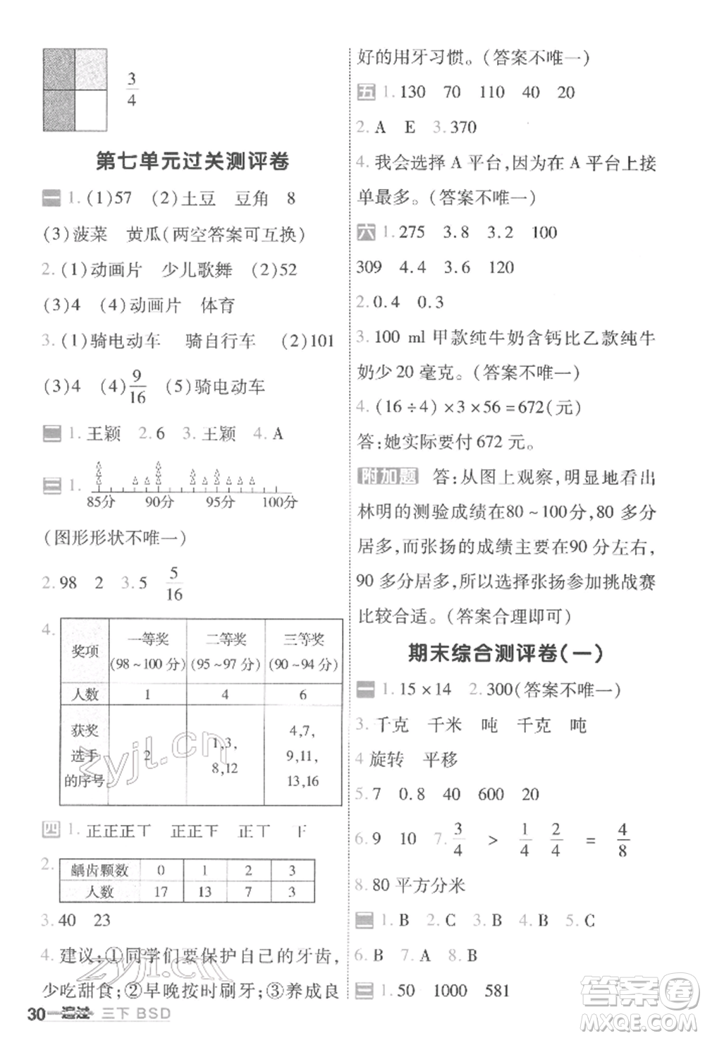 南京師范大學(xué)出版社2022一遍過三年級數(shù)學(xué)下冊北師大版參考答案