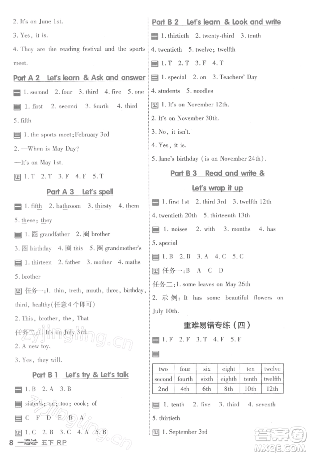 南京師范大學(xué)出版社2022一遍過五年級(jí)英語下冊(cè)人教版浙江專版參考答案