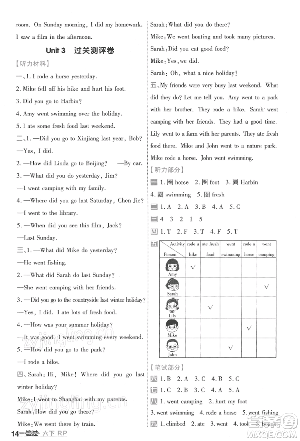 南京師范大學(xué)出版社2022一遍過(guò)六年級(jí)英語(yǔ)下冊(cè)人教版浙江專(zhuān)版參考答案