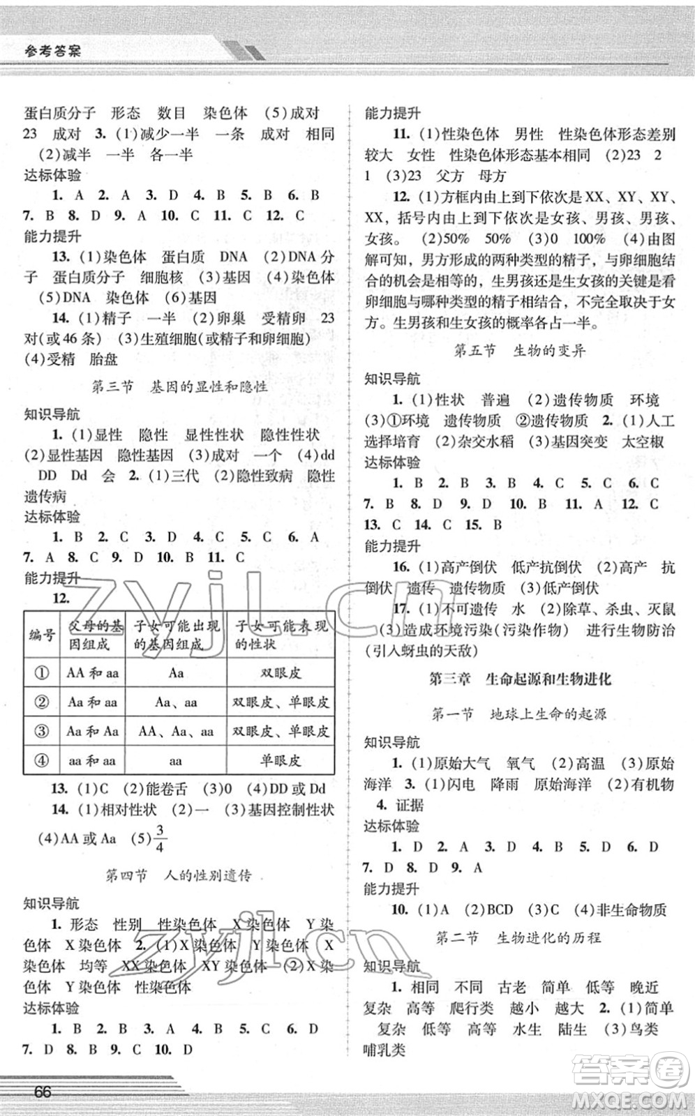 廣西師范大學(xué)出版社2022新課程學(xué)習(xí)輔導(dǎo)八年級(jí)生物下冊(cè)人教版中山專版答案