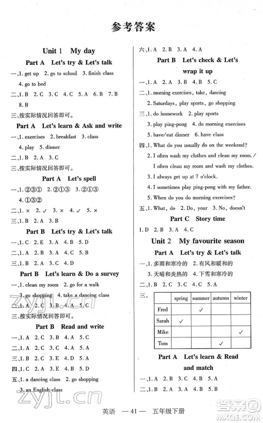 二十一世紀(jì)出版社2022新課程新練習(xí)五年級(jí)英語(yǔ)下冊(cè)PEP版答案