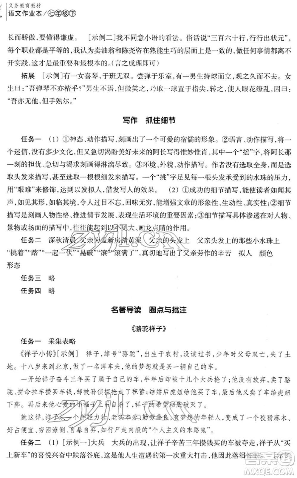 浙江教育出版社2022語文作業(yè)本七年級下冊人教版答案