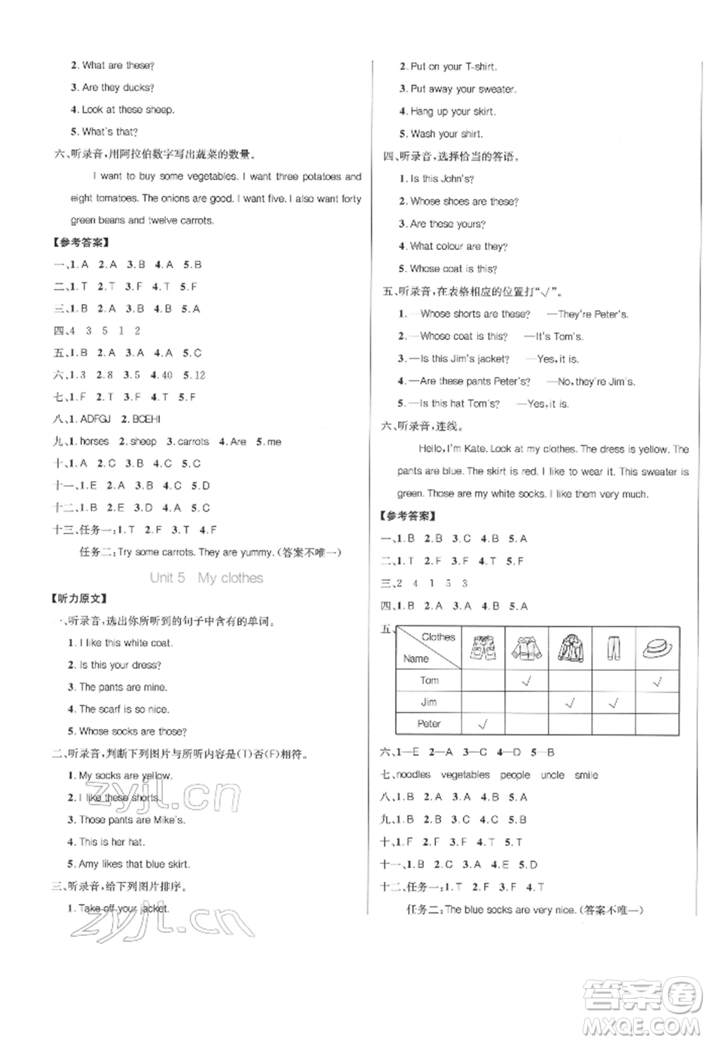 沈陽出版社2022黃岡名卷四年級英語下冊人教版參考答案