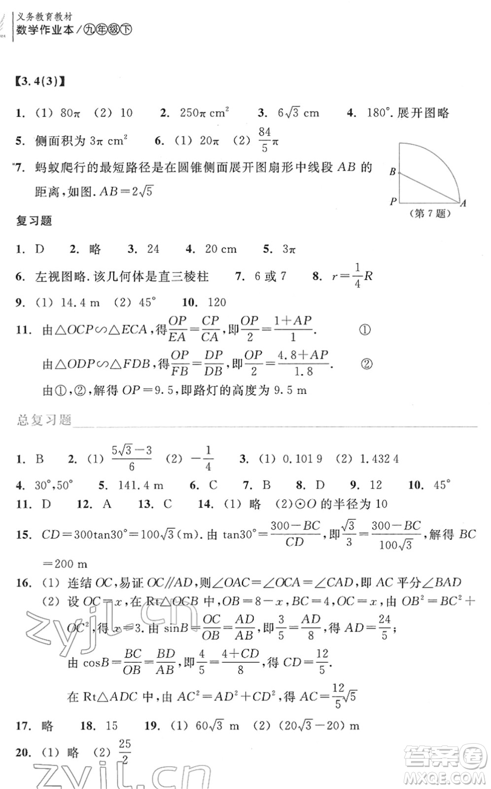 浙江教育出版社2022數(shù)學(xué)作業(yè)本九年級下冊ZH浙教版答案