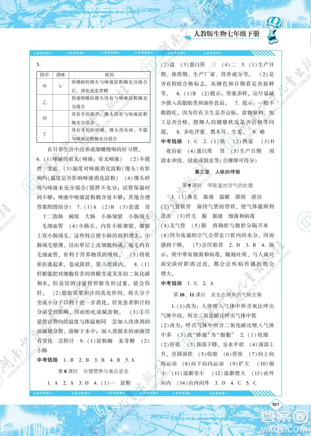 湖南少年兒童出版社2022課程基礎(chǔ)訓(xùn)練七年級生物下冊人教版答案