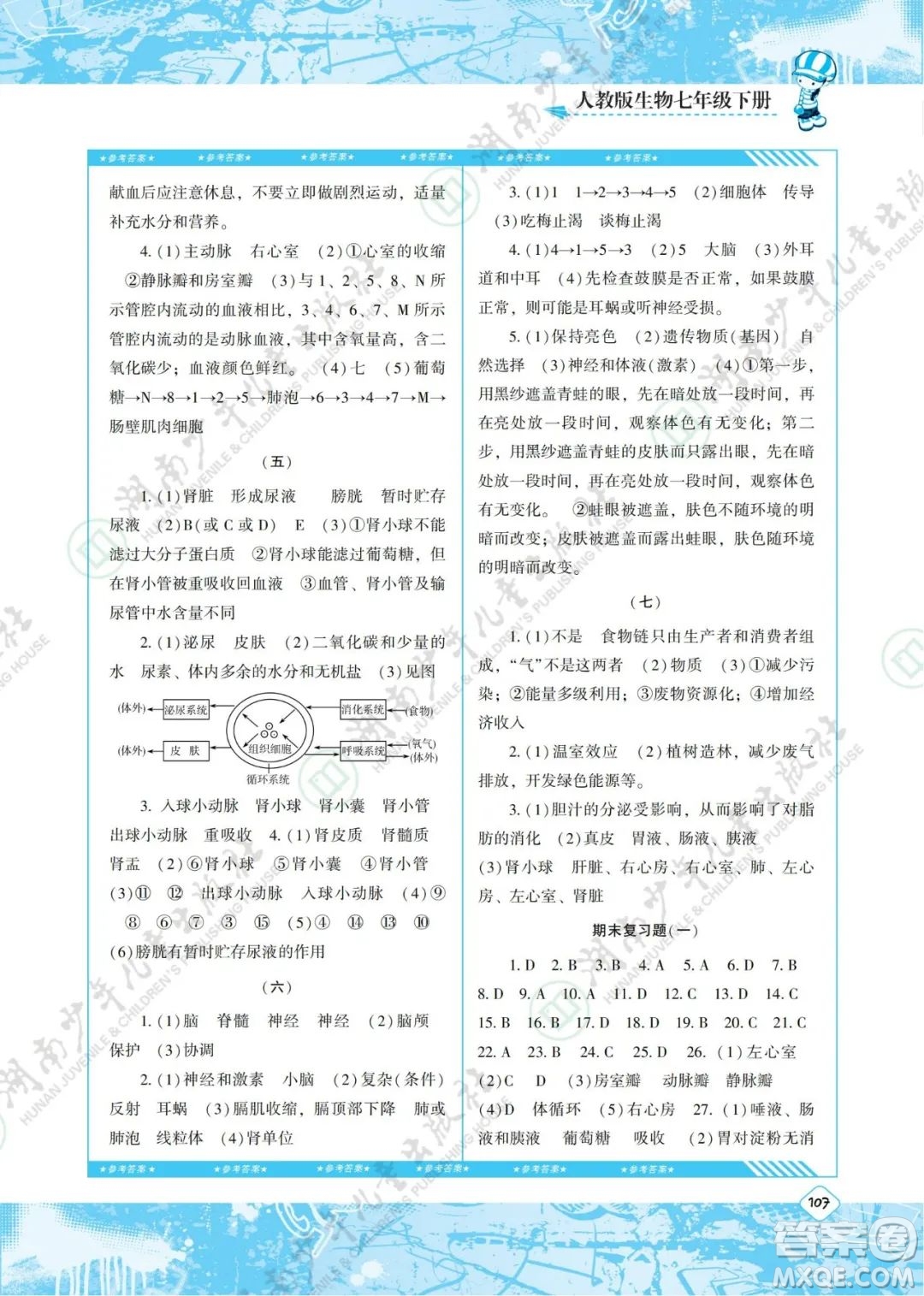 湖南少年兒童出版社2022課程基礎(chǔ)訓(xùn)練七年級生物下冊人教版答案