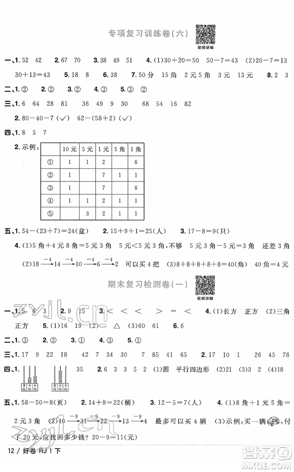 江西教育出版社2022陽光同學(xué)一線名師全優(yōu)好卷單元標(biāo)準(zhǔn)卷+期末復(fù)習(xí)卷一年級(jí)數(shù)學(xué)下冊RJ人教版答案