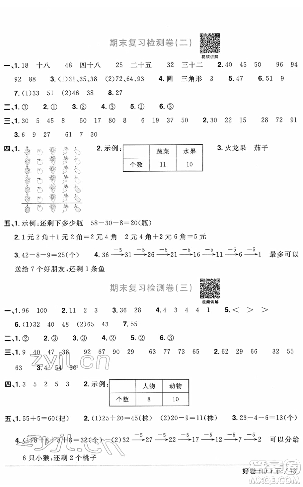 江西教育出版社2022陽光同學(xué)一線名師全優(yōu)好卷單元標(biāo)準(zhǔn)卷+期末復(fù)習(xí)卷一年級(jí)數(shù)學(xué)下冊RJ人教版答案