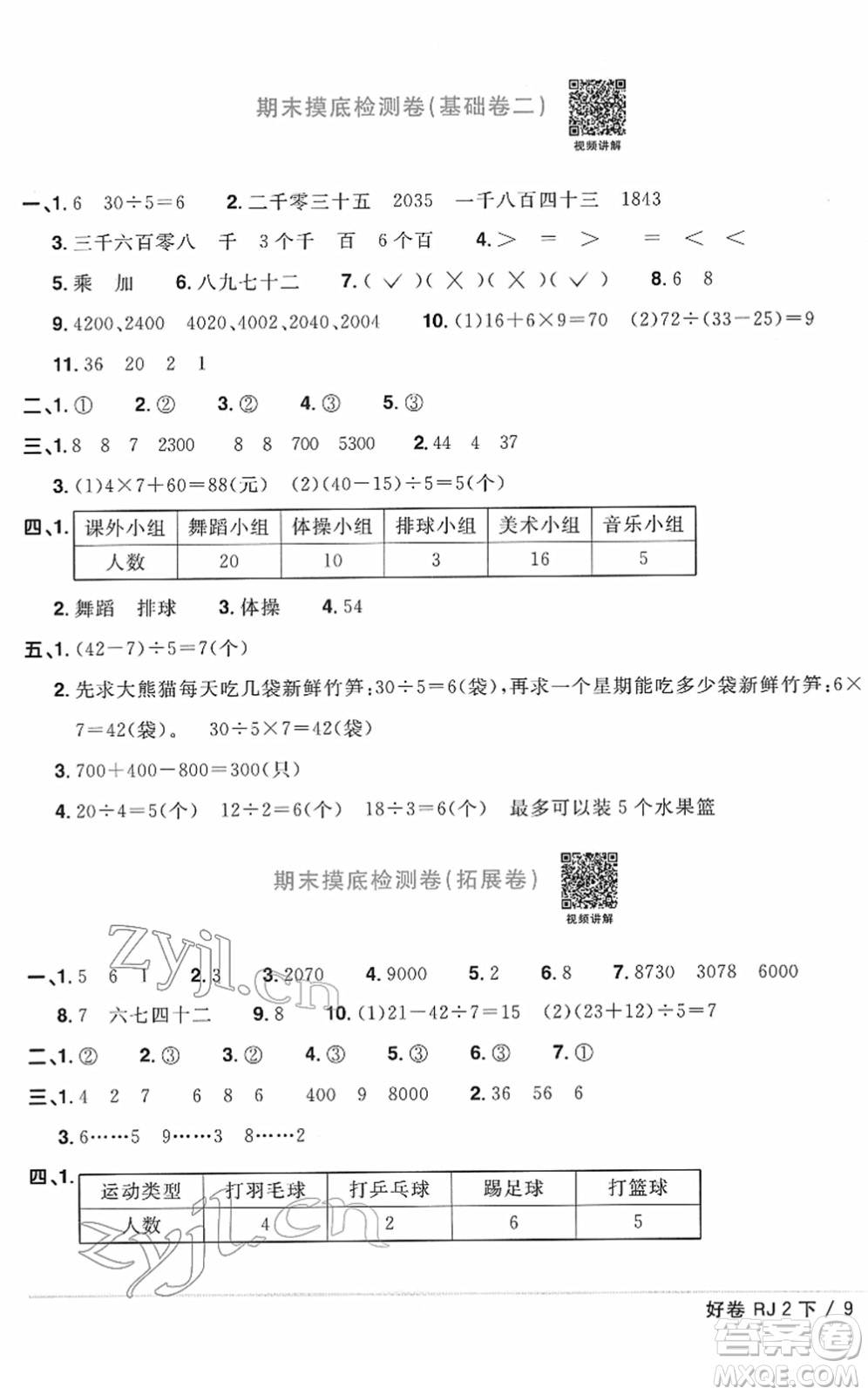 江西教育出版社2022陽(yáng)光同學(xué)一線名師全優(yōu)好卷單元標(biāo)準(zhǔn)卷+期末復(fù)習(xí)卷二年級(jí)數(shù)學(xué)下冊(cè)RJ人教版答案