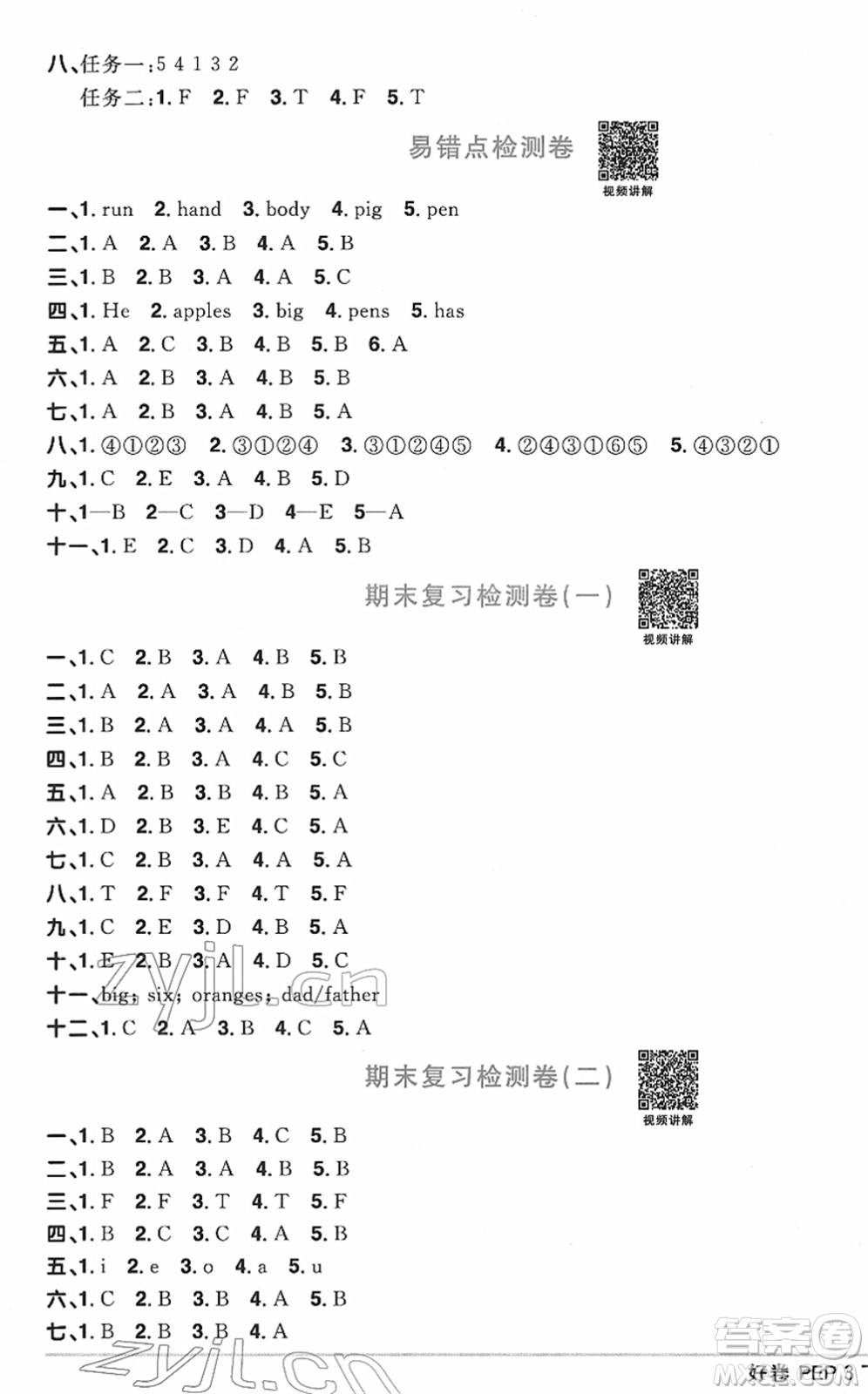 江西教育出版社2022陽光同學一線名師全優(yōu)好卷單元標準卷+期末復習卷三年級英語下冊PEP版答案