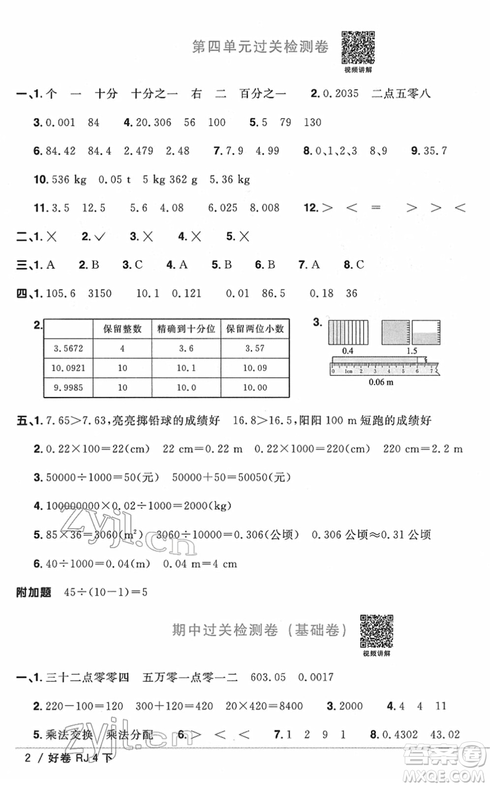 江西教育出版社2022陽光同學(xué)一線名師全優(yōu)好卷單元標(biāo)準(zhǔn)卷+期末復(fù)習(xí)卷四年級(jí)數(shù)學(xué)下冊(cè)RJ人教版答案