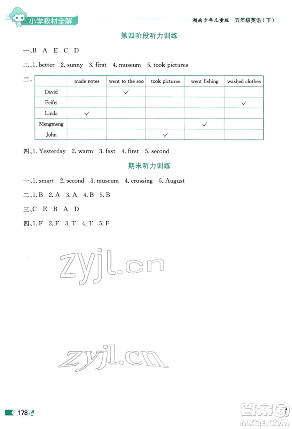 陜西人民教育出版社2022小學(xué)教材全解三年級起點五年級英語下冊湖南少年兒童版參考答案