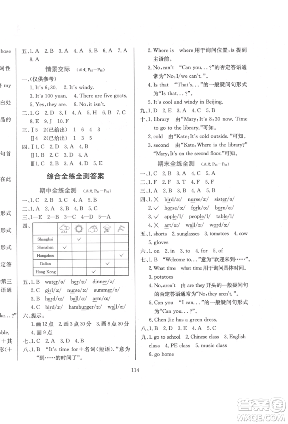 陜西人民教育出版社2022小學(xué)教材全練三年級(jí)起點(diǎn)四年級(jí)英語(yǔ)下冊(cè)人教版參考答案