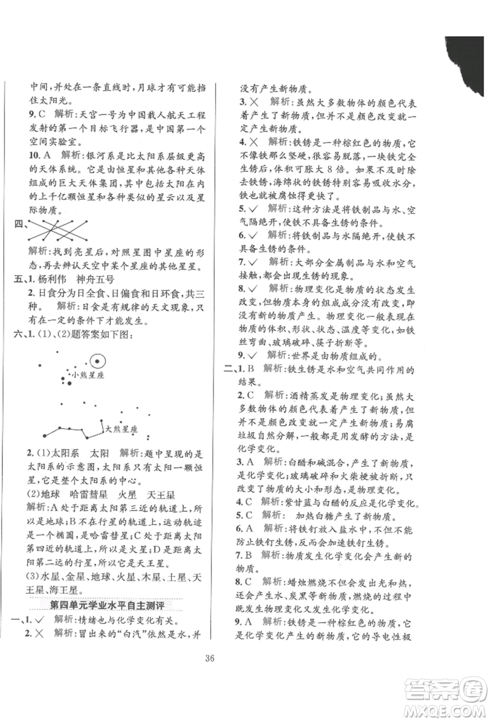 陜西人民教育出版社2022小學(xué)教材全練六年級(jí)科學(xué)下冊教育科學(xué)版參考答案