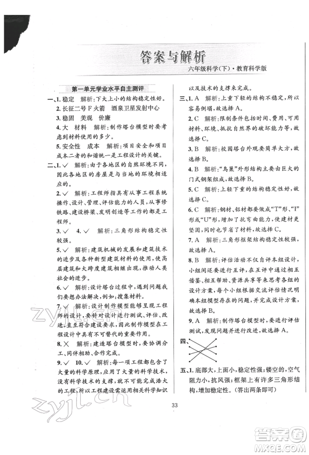 陜西人民教育出版社2022小學(xué)教材全練六年級(jí)科學(xué)下冊教育科學(xué)版參考答案