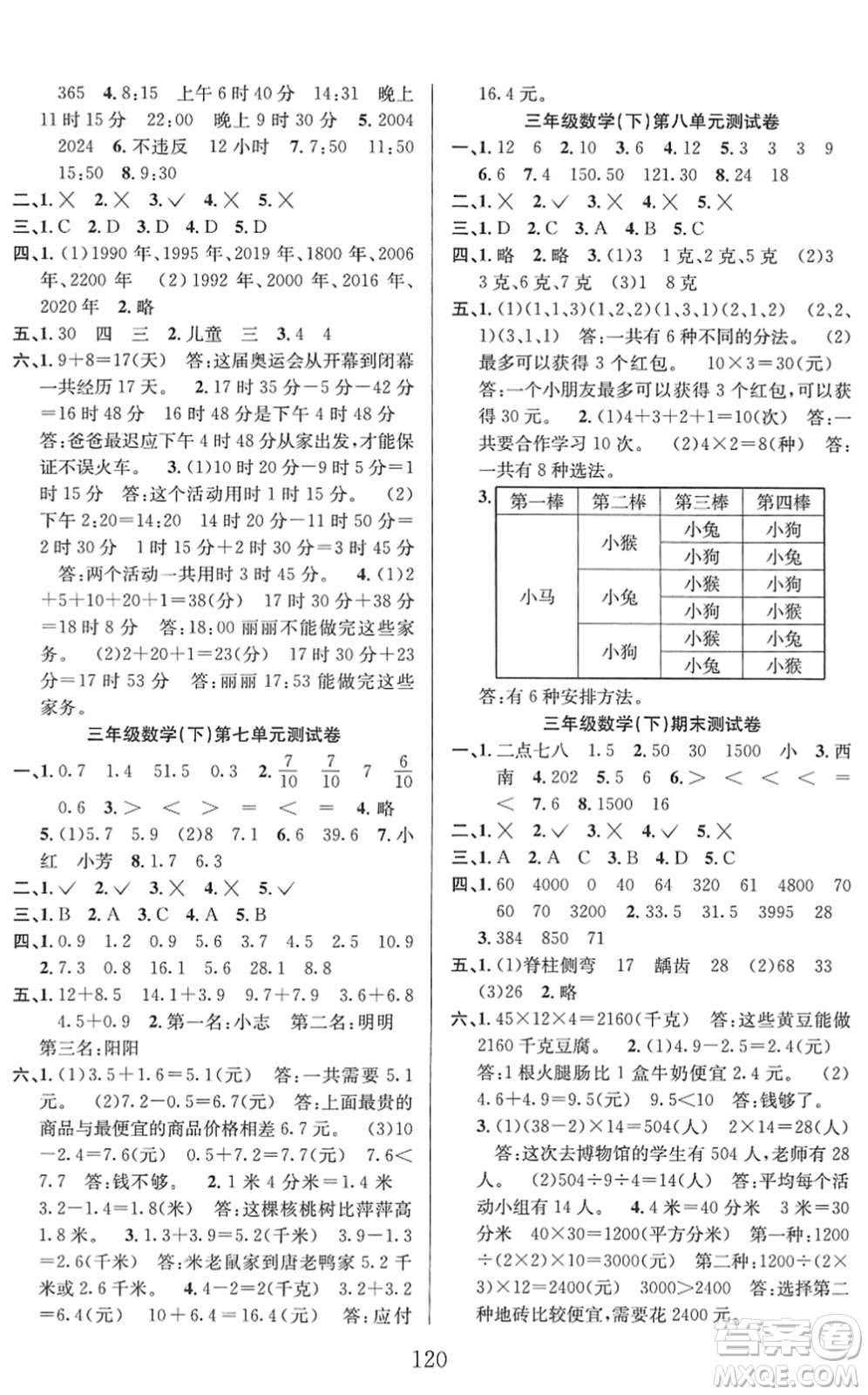 安徽人民出版社2022陽(yáng)光課堂課時(shí)作業(yè)三年級(jí)數(shù)學(xué)下冊(cè)RJ人教版答案