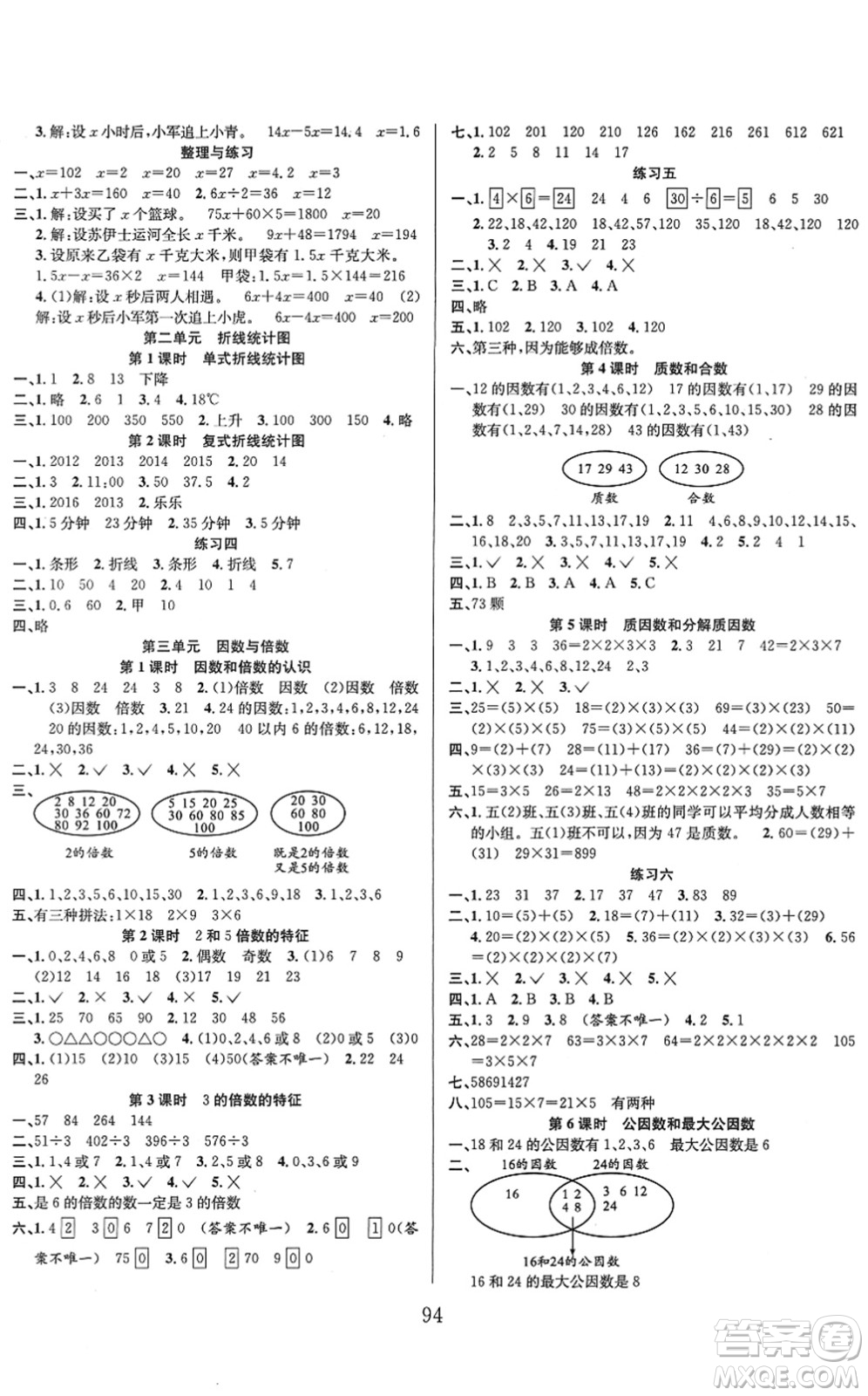 安徽人民出版社2022陽光課堂課時作業(yè)五年級數(shù)學(xué)下冊SJ蘇教版答案