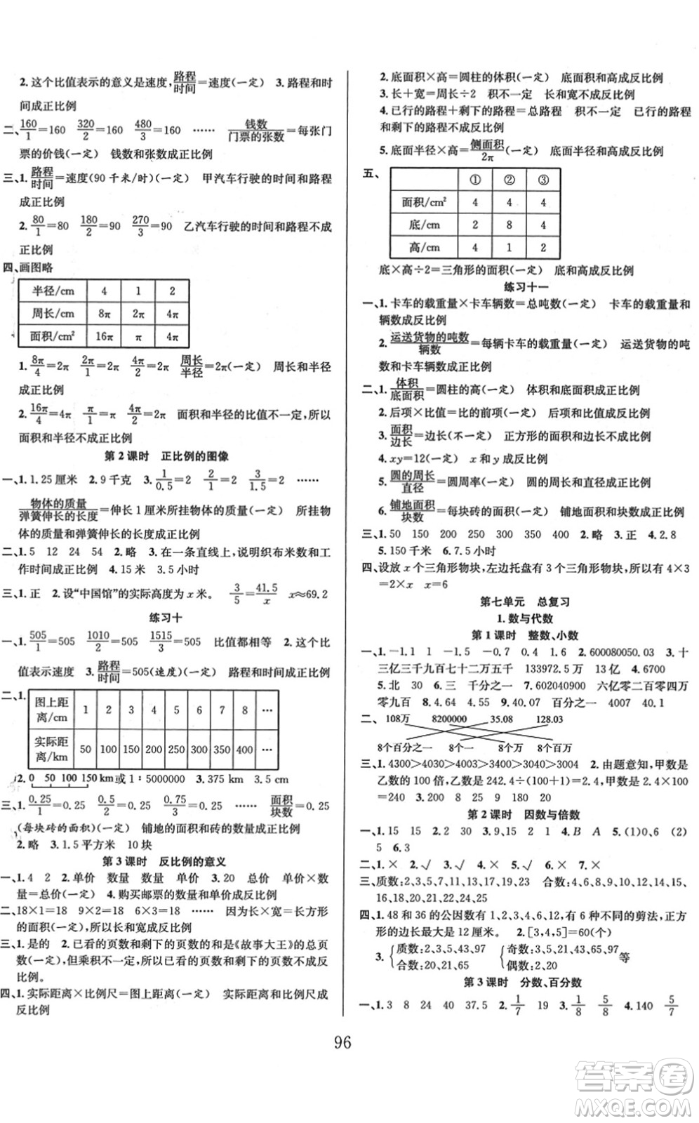 安徽人民出版社2022陽光課堂課時作業(yè)六年級數(shù)學(xué)下冊SJ蘇教版答案