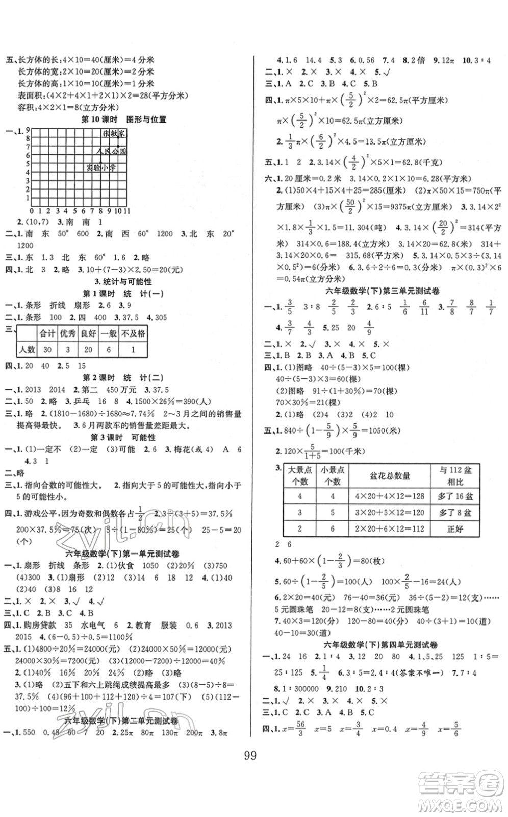 安徽人民出版社2022陽光課堂課時作業(yè)六年級數(shù)學(xué)下冊SJ蘇教版答案