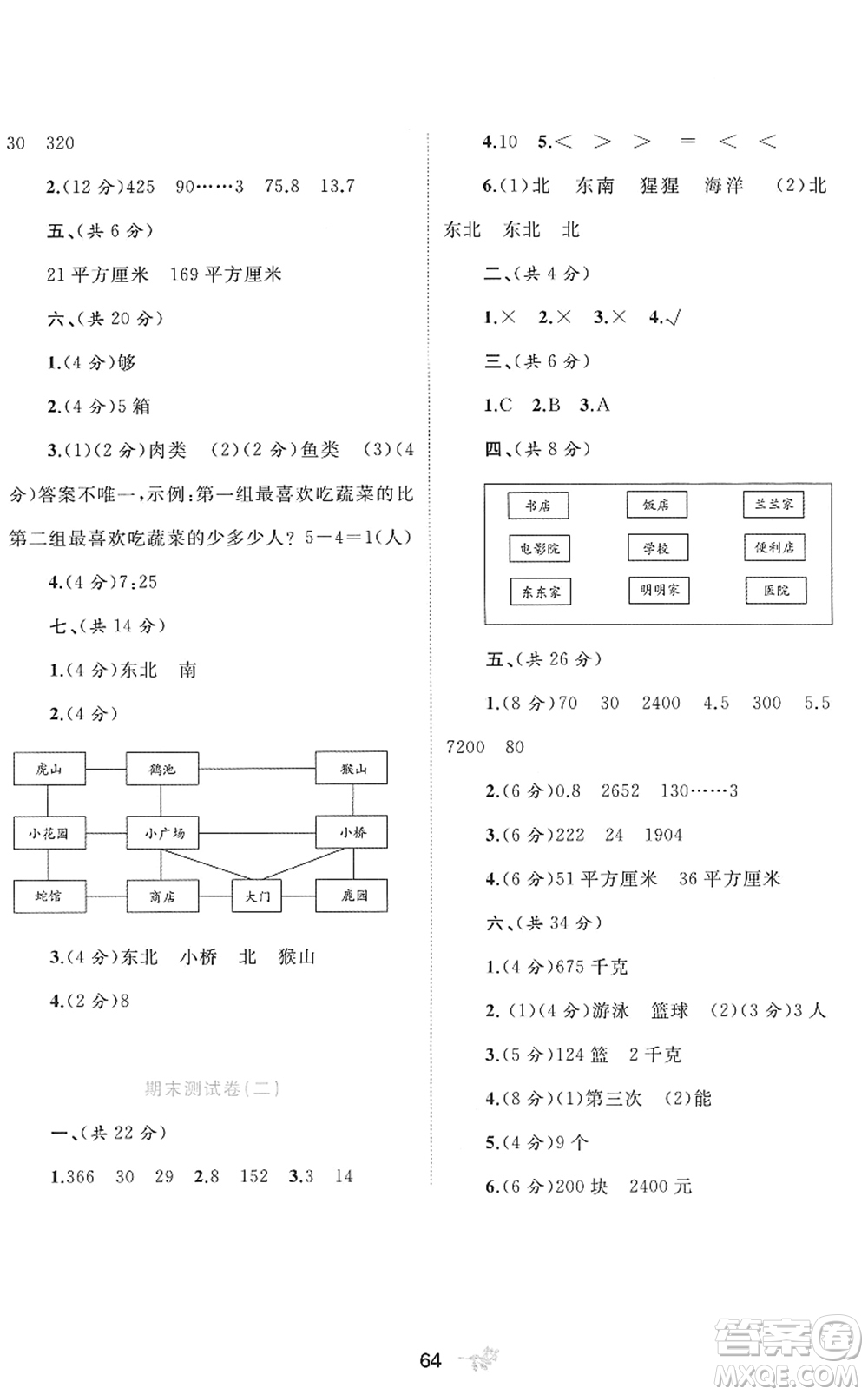 廣西教育出版社2022新課程學習與測評單元雙測三年級數(shù)學下冊A人教版答案