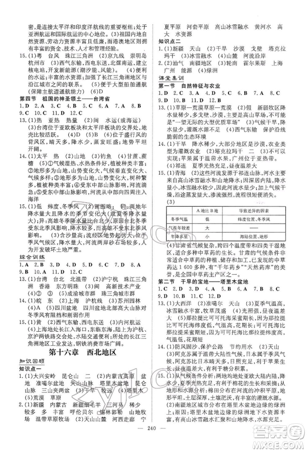 陜西人民教育出版社2022初中總復(fù)習(xí)導(dǎo)與練地理通用版內(nèi)蒙古專版參考答案