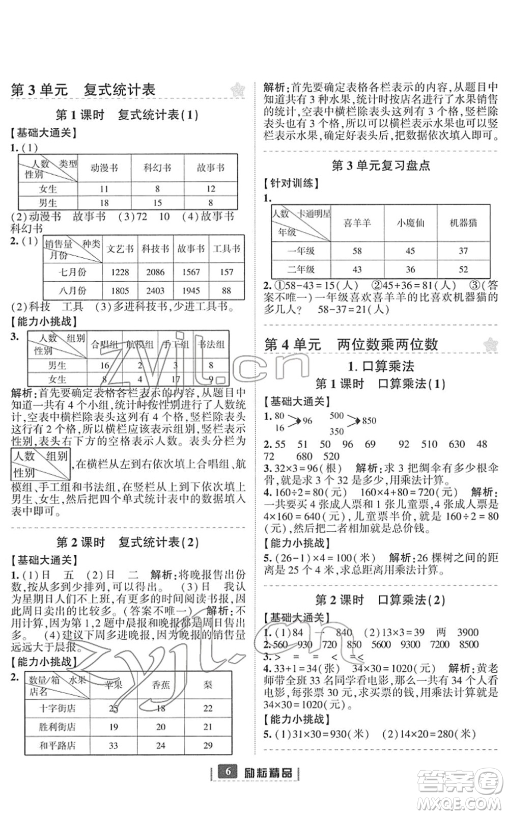 延邊人民出版社2022勵耘新同步三年級數(shù)學(xué)下冊人教版答案