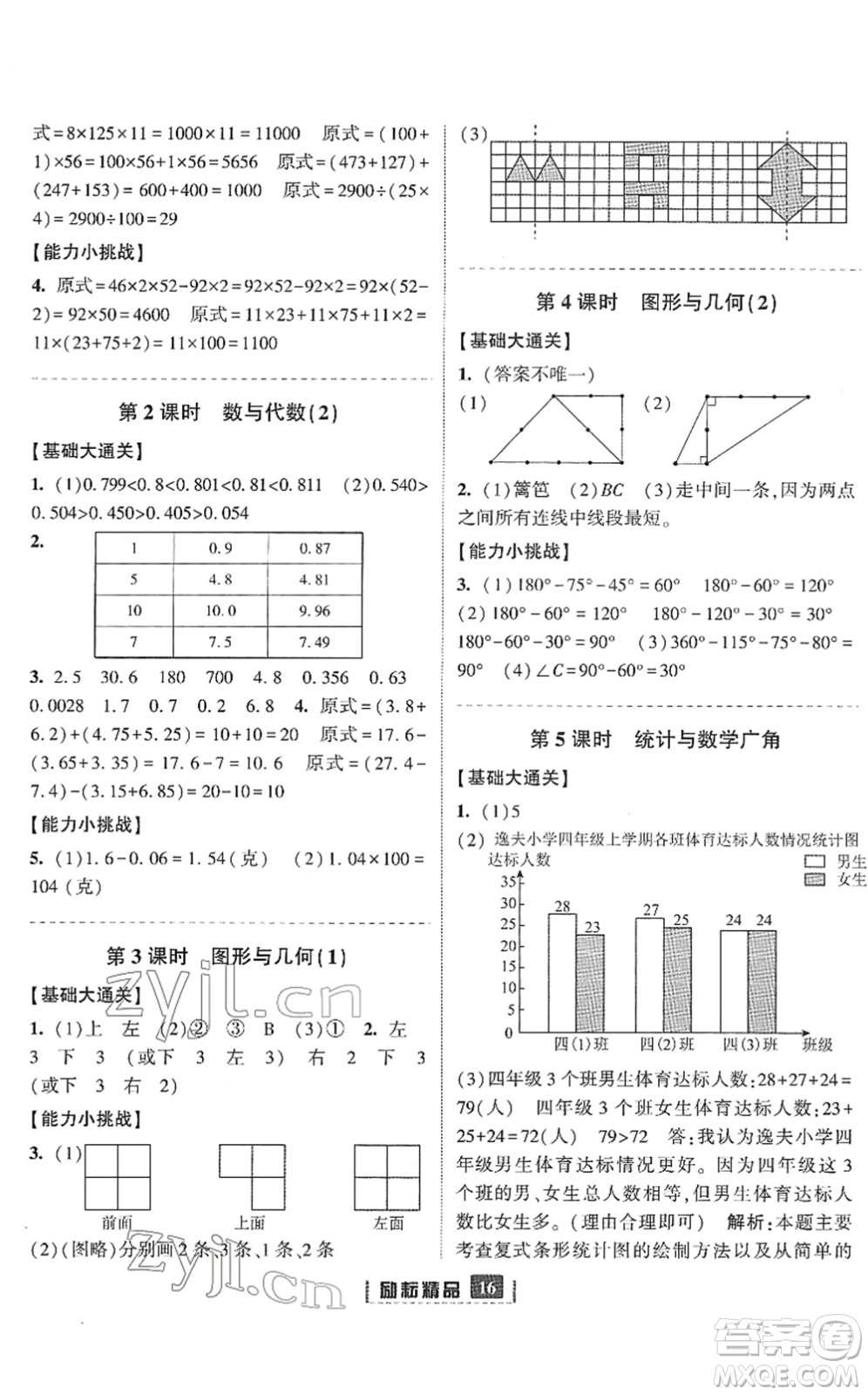 延邊人民出版社2022勵(lì)耘新同步四年級(jí)數(shù)學(xué)下冊(cè)人教版答案