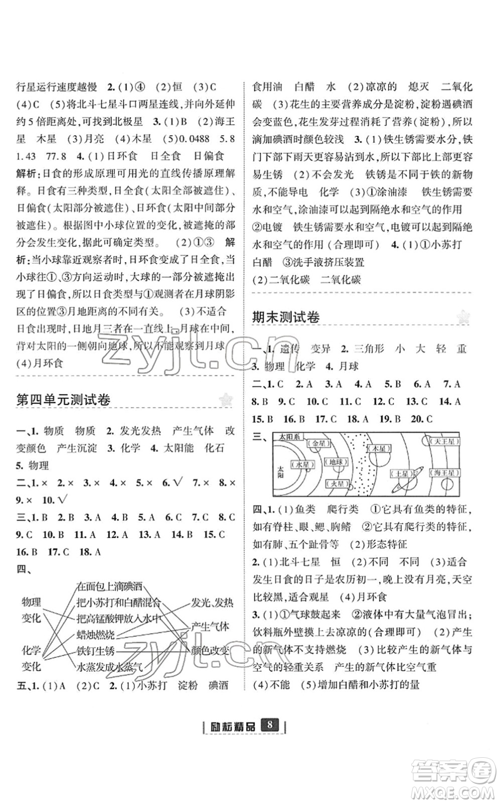 延邊人民出版社2022勵耘新同步六年級科學(xué)下冊教科版答案